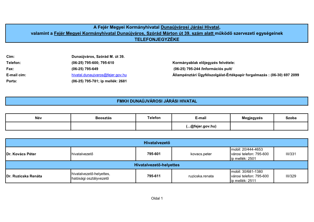 Valamint a Fejér Megyei Kormányhivatal Dunaújváros, Szórád Márton Út 39. Szám Alatt Működő Szervezeti Egységeinek A