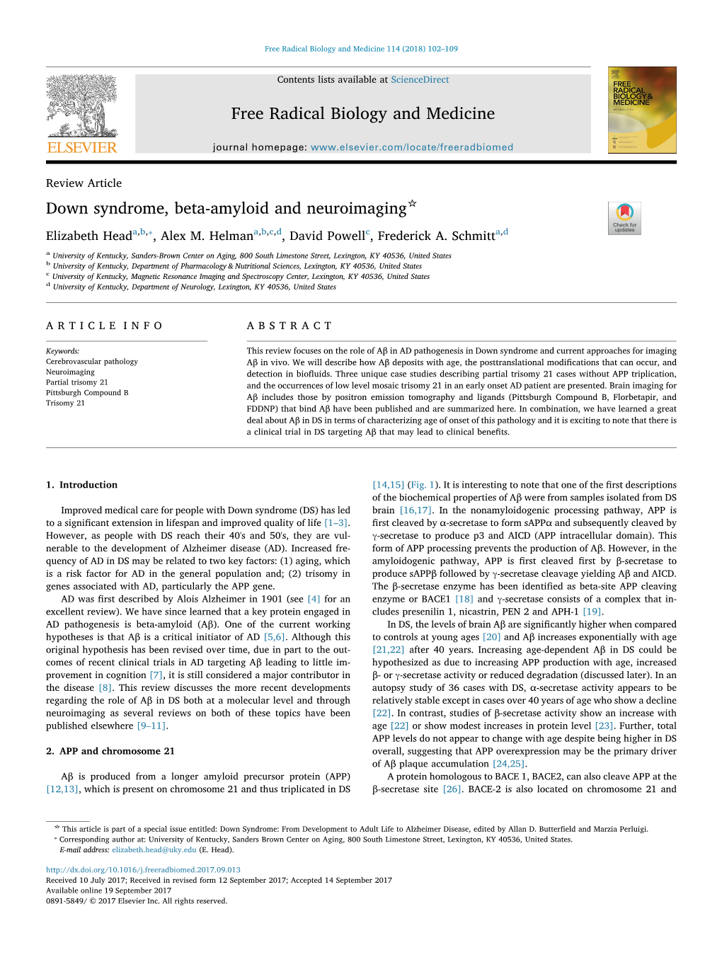 Down Syndrome, Beta-Amyloid and Neuroimaging T ⁎ Elizabeth Heada,B, , Alex M