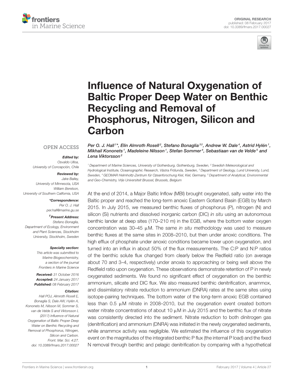 Influence of Natural Oxygenation of Baltic Proper Deep Water On