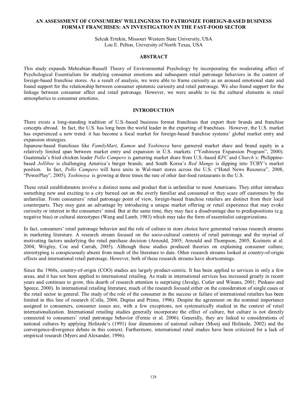 An Assessment of Consumers' Willingness to Patronize Foreign-Based Business Format Franchises: an Investigation in the Fast-Food Sector