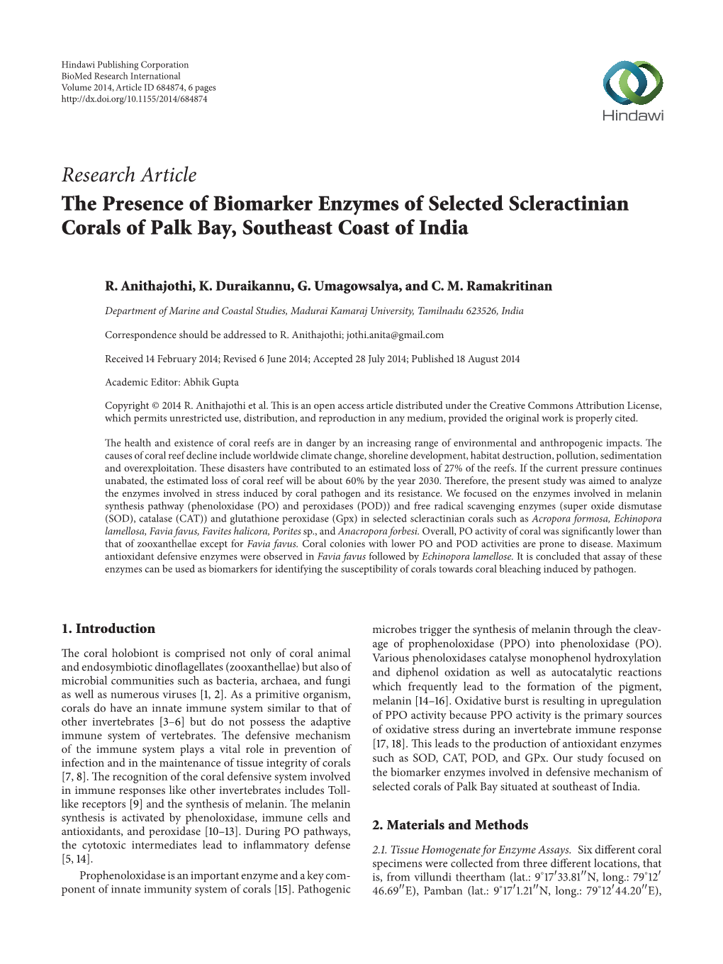 The Presence of Biomarker Enzymes of Selected Scleractinian Corals of Palk Bay, Southeast Coast of India