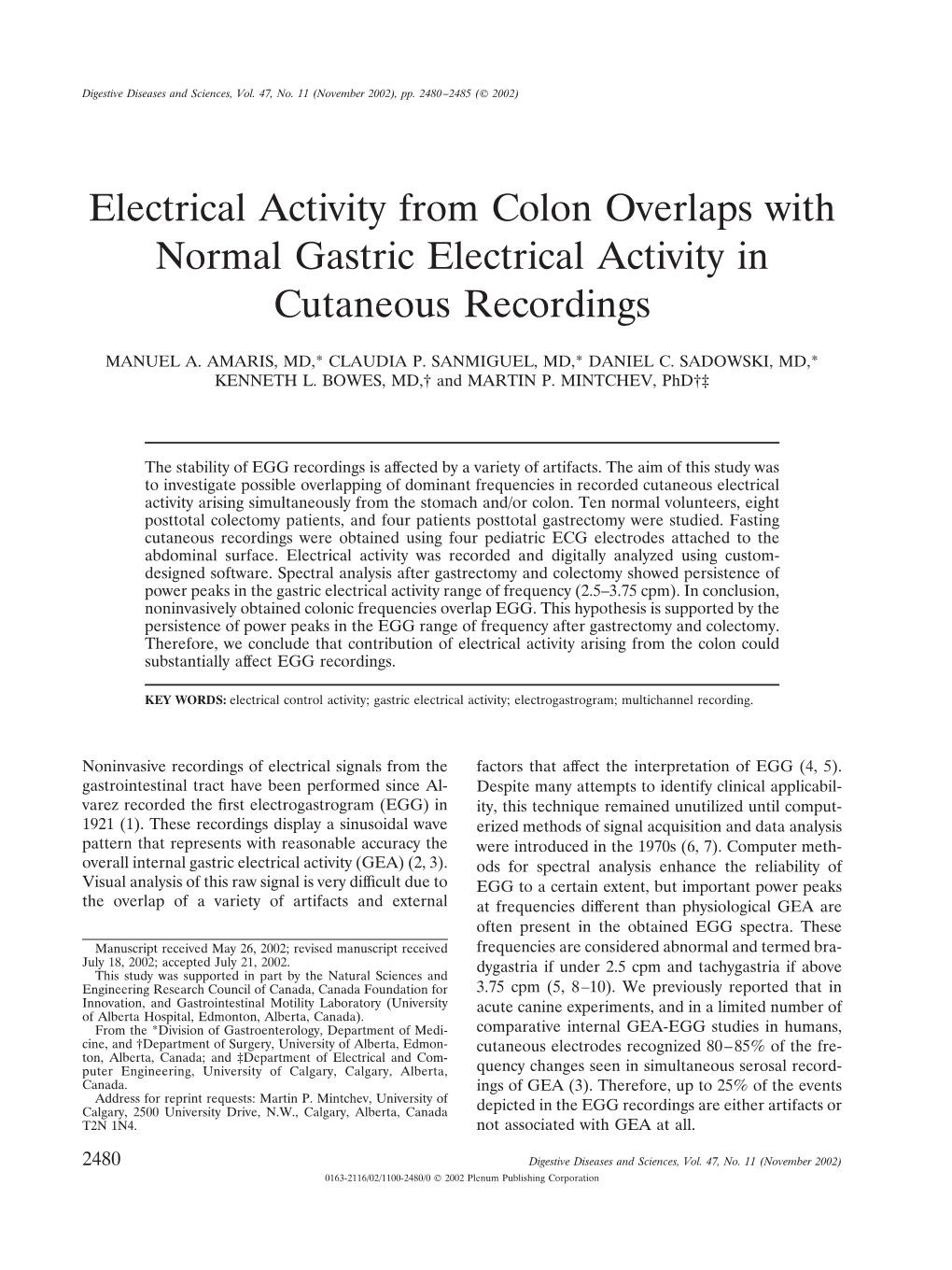 Electrical Activity from Colon Overlaps with Normal Gastric Electrical Activity in Cutaneous Recordings