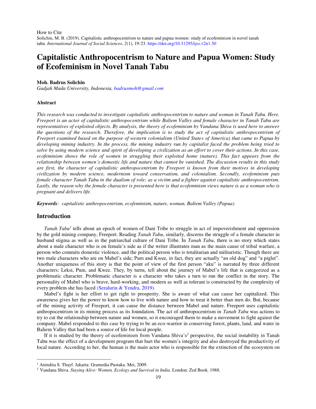 Capitalistic Anthropocentrism to Nature and Papua Women: Study of Ecofeminism in Novel Tanah Tabu