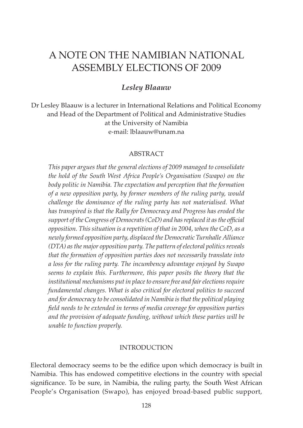 A Note on the Namibian National Assembly Elections of 2009