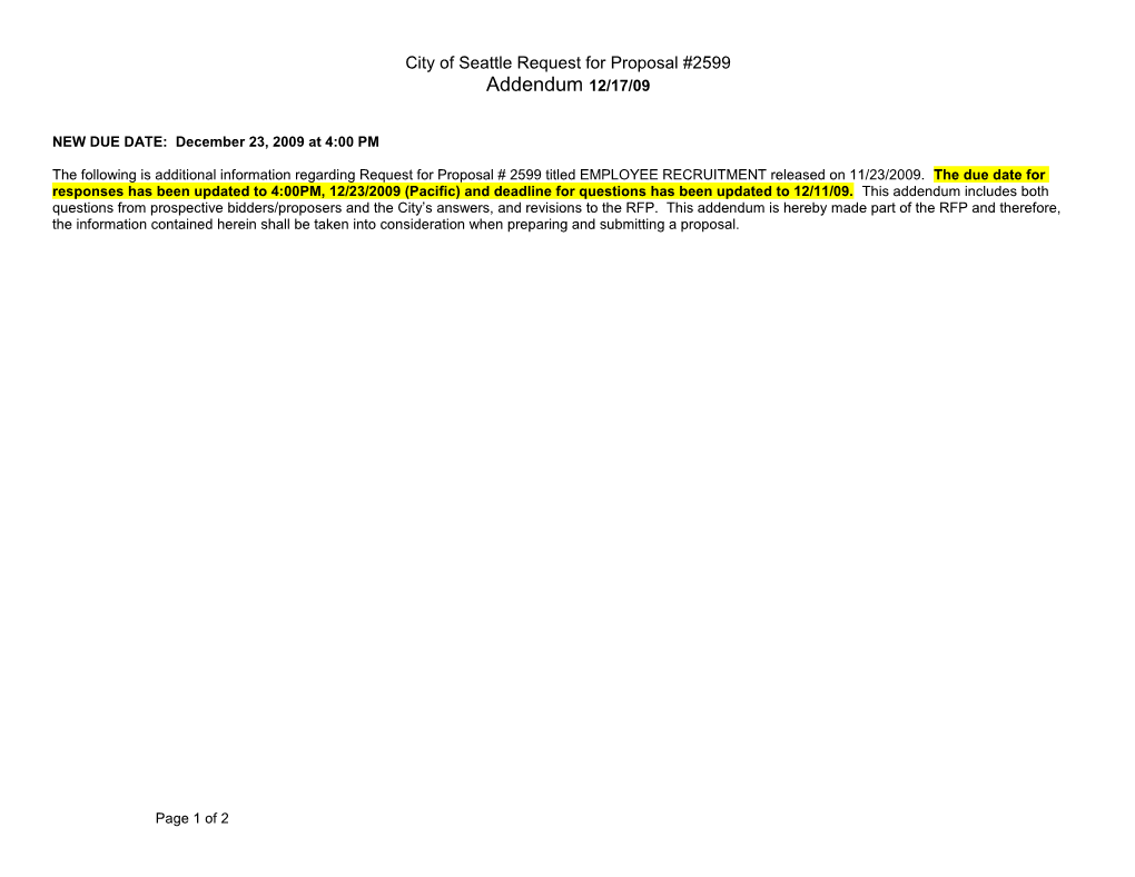 City of Seattle Request for Proposal #2599