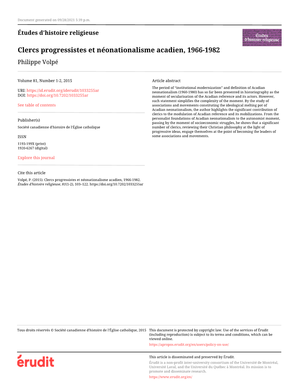 Clercs Progressistes Et Néonationalisme Acadien, 1966-1982 Philippe Volpé