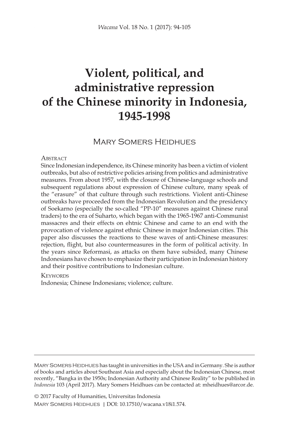 Violent, Political, and Administrative Repression of the Chinese Minority in Indonesia, 1945-1998