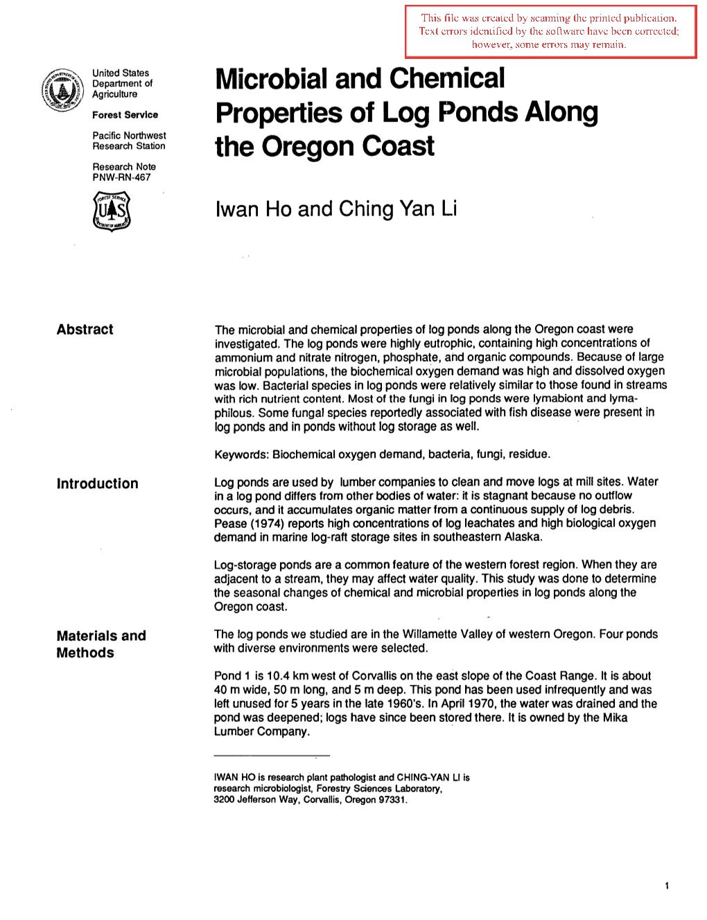 Microbial and Chemical Properties of Log Ponds Along the Oregon Coast Were Investigated