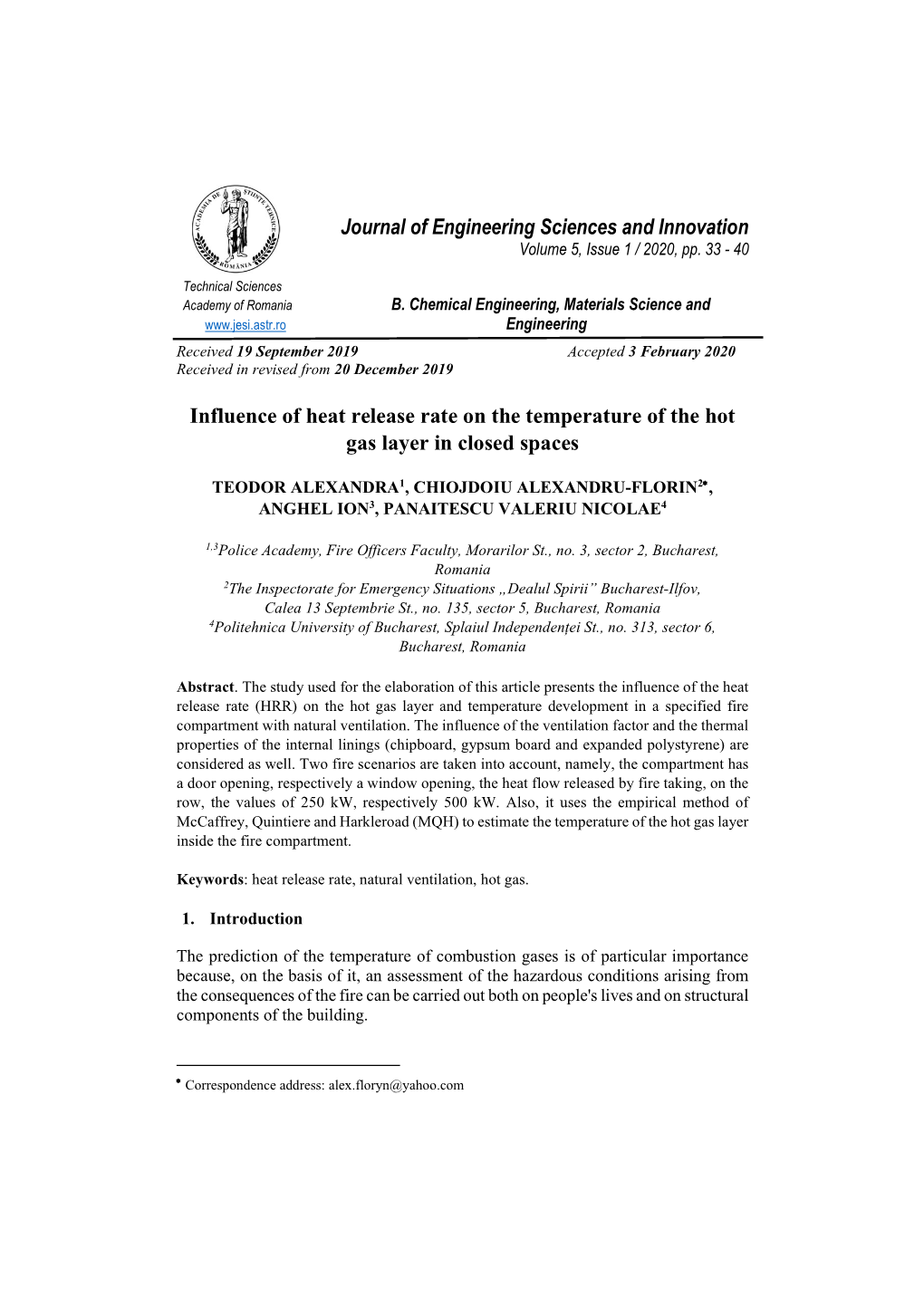 Journal of Engineering Sciences and Innovation Influence of Heat Release