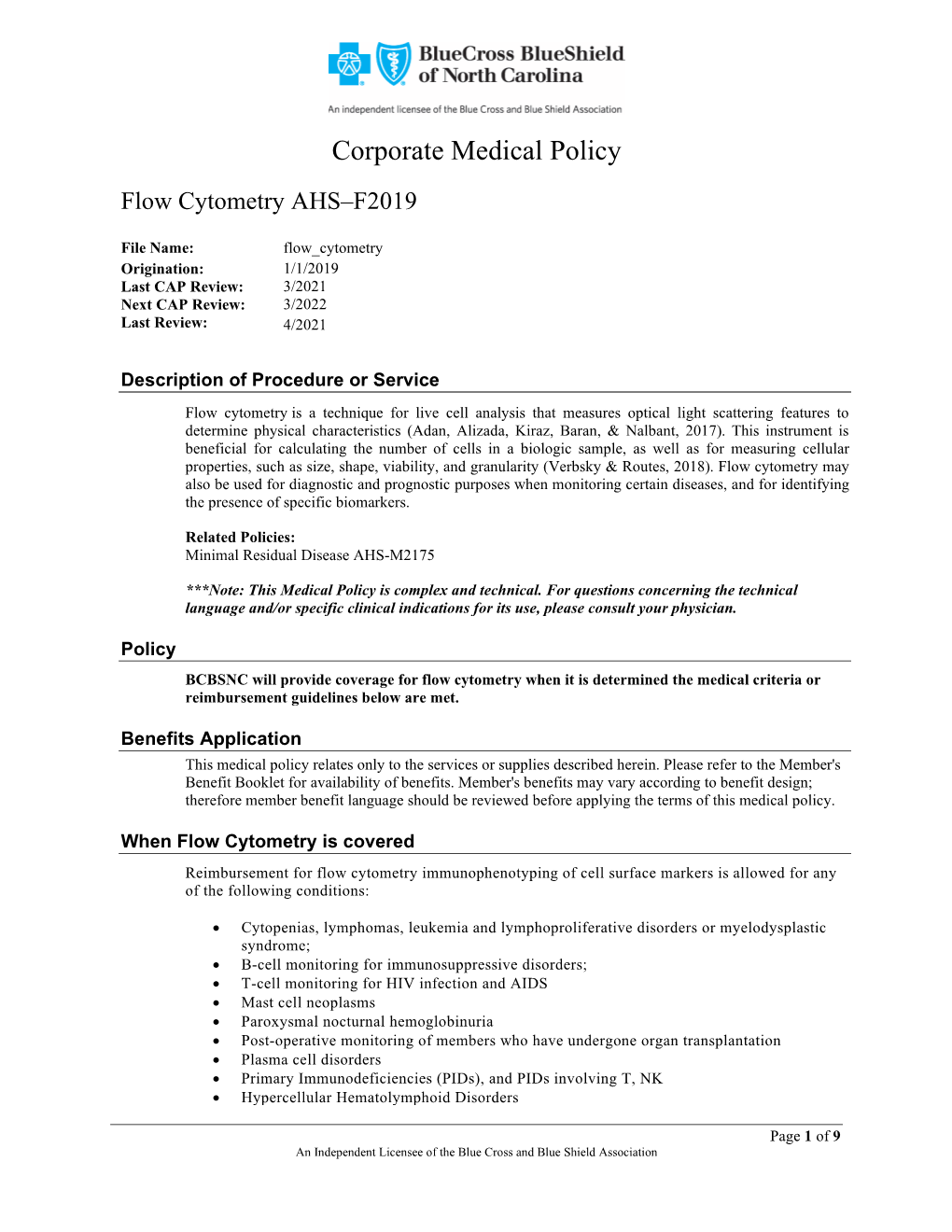 Flow Cytometry AHS–F2019