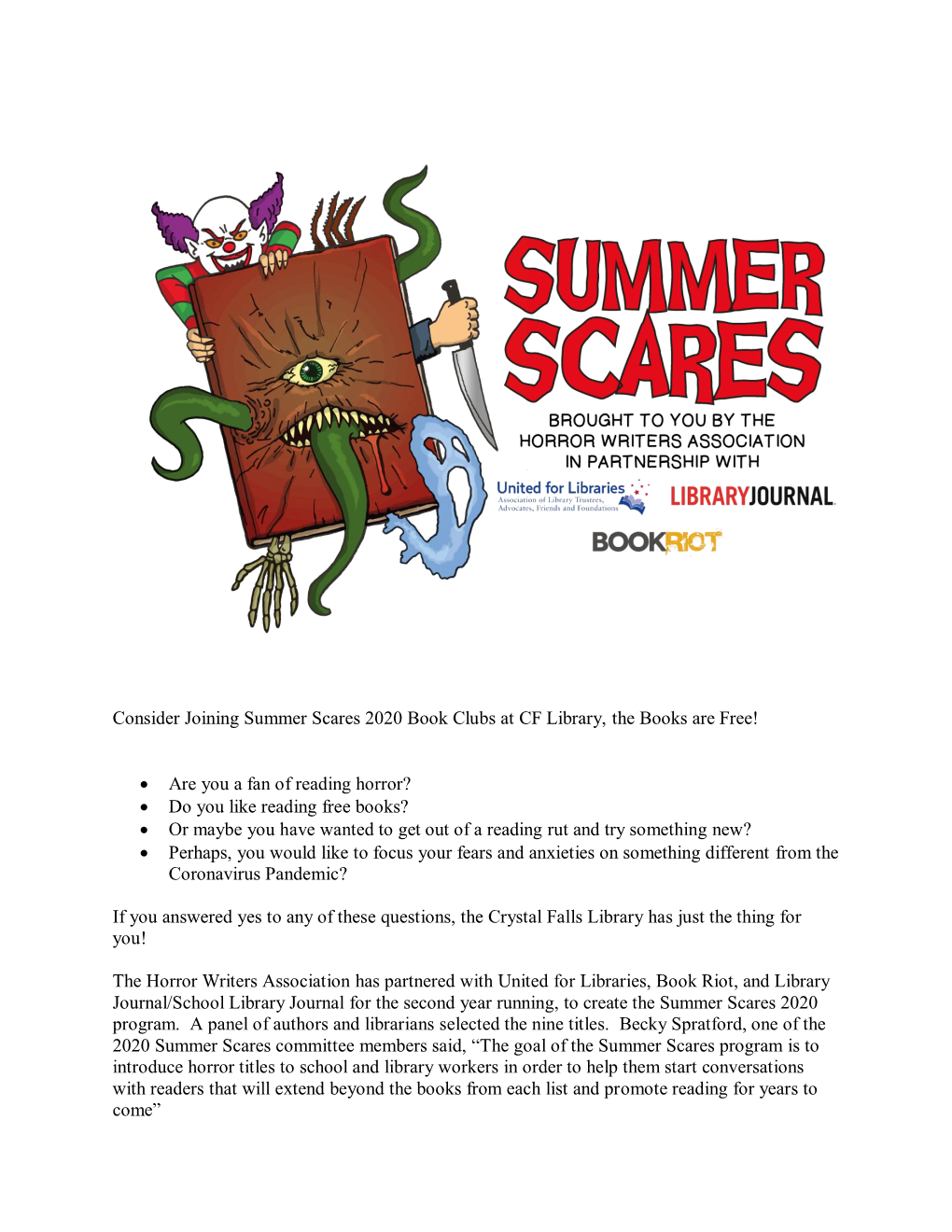 Consider Joining Summer Scares 2020 Book Clubs at CF Library, the Books Are Free!