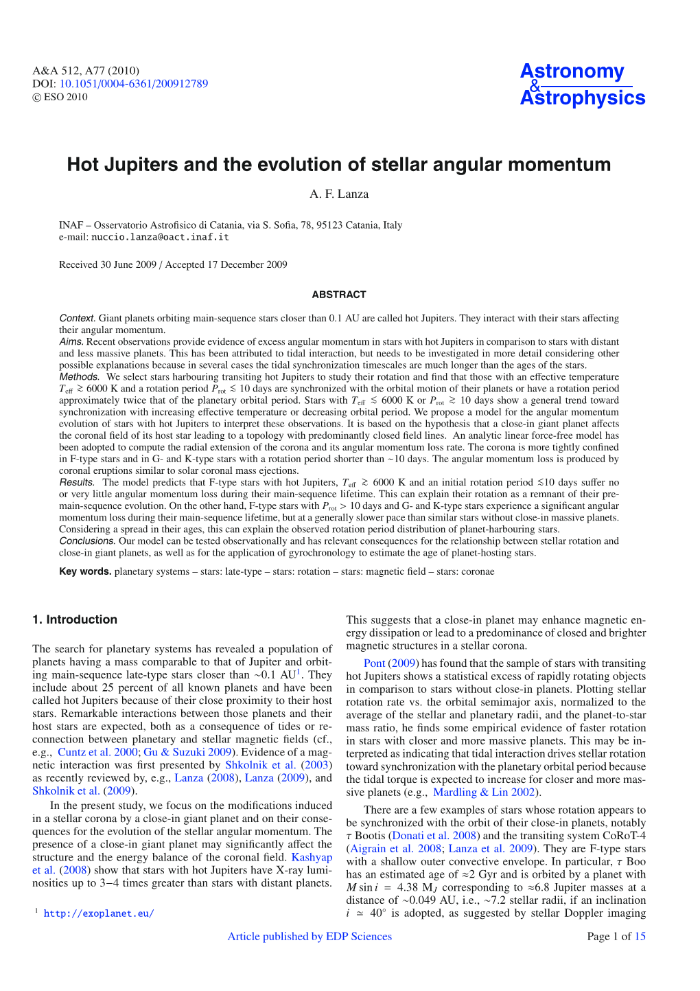 Hot Jupiters and the Evolution of Stellar Angular Momentum
