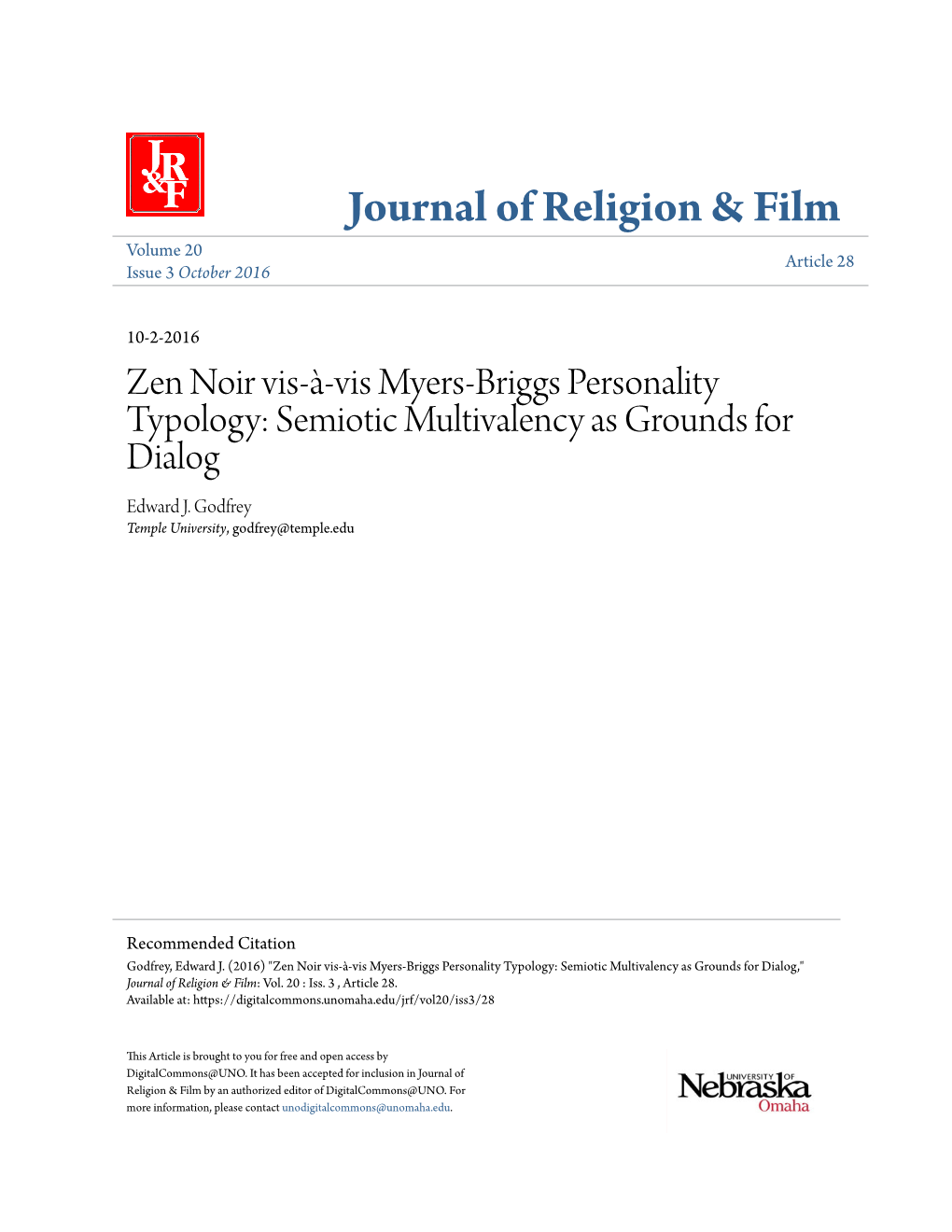 Zen Noir Vis-À-Vis Myers-Briggs Personality Typology: Semiotic Multivalency As Grounds for Dialog Edward J