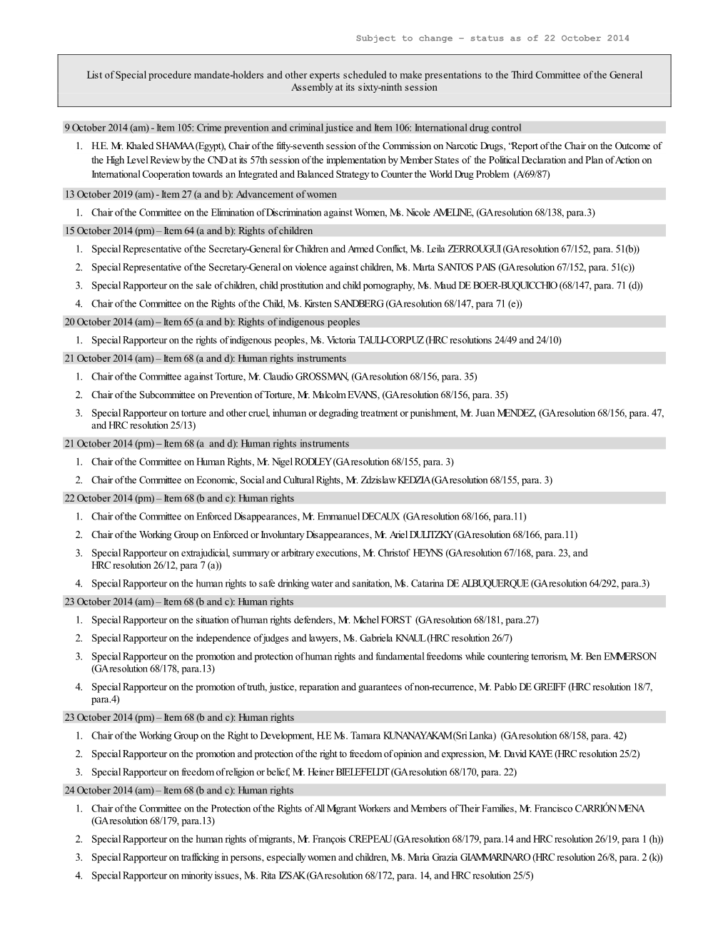 List of Special Procedure Mandate-Holders and Other Experts Scheduled to Make Presentations to the Third Committee of the General Assembly at Its Sixty-Ninth Session