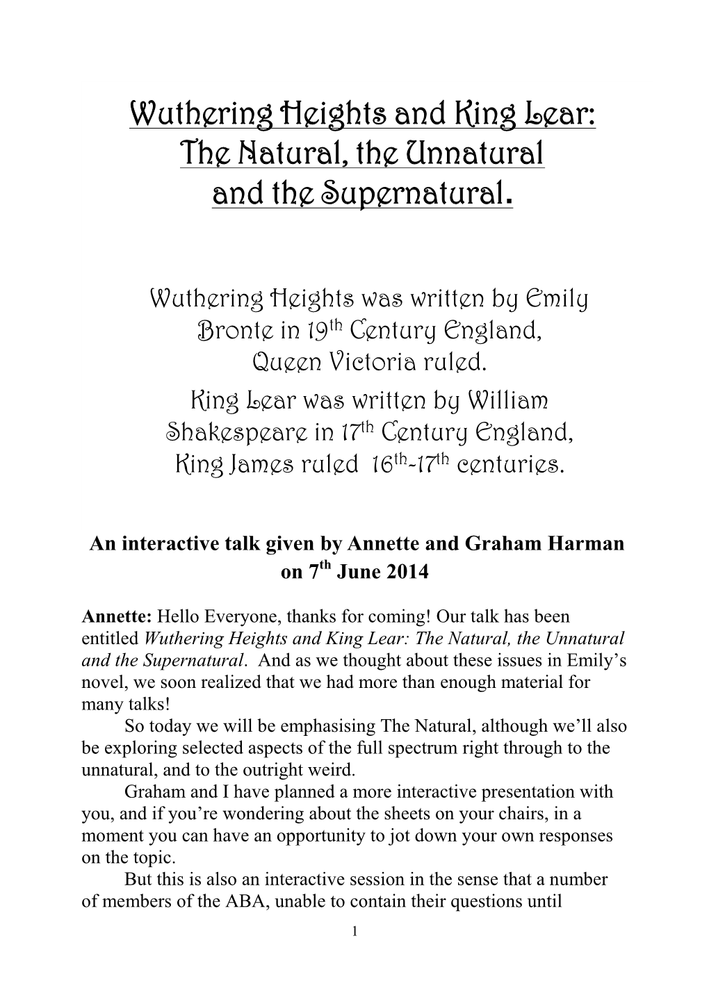 Wuthering Heights and King Lear: the Natural, the Unnatural and the Supernatural