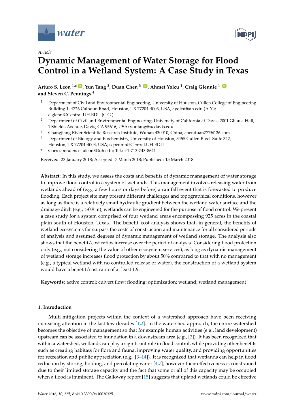 Dynamic Management of Water Storage for Flood Control in a Wetland System: a Case Study in Texas