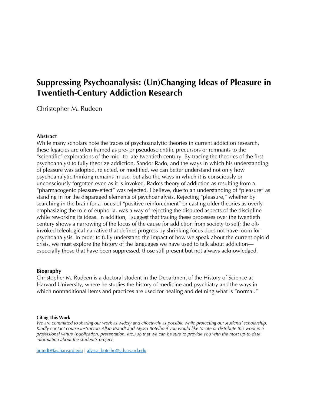 Suppressing Psychoanalysis: (Un)Changing Ideas of Pleasure in Twentieth-Century Addiction Research