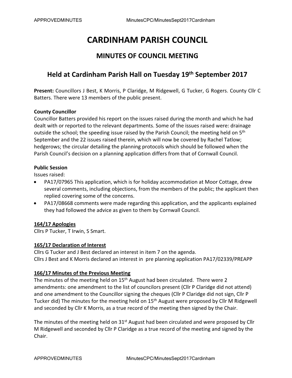 Cardinham Parish Council Minutes of Council Meeting