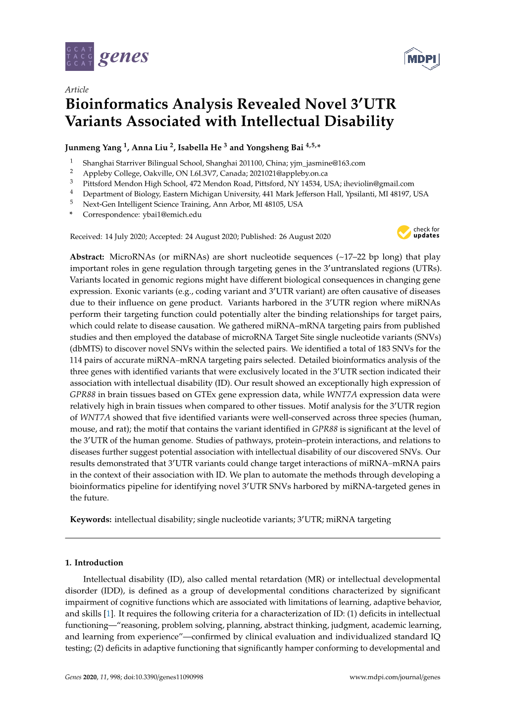 Bioinformatics Analysis Revealed Novel 3 UTR Variants Associated with Intellectual Disability