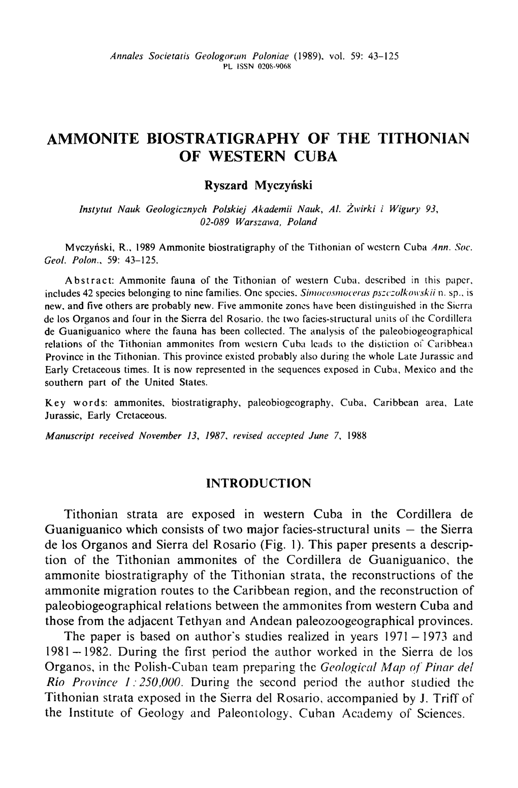 Ammonite Biostratigraphy of the Tithonian of Western Cuba