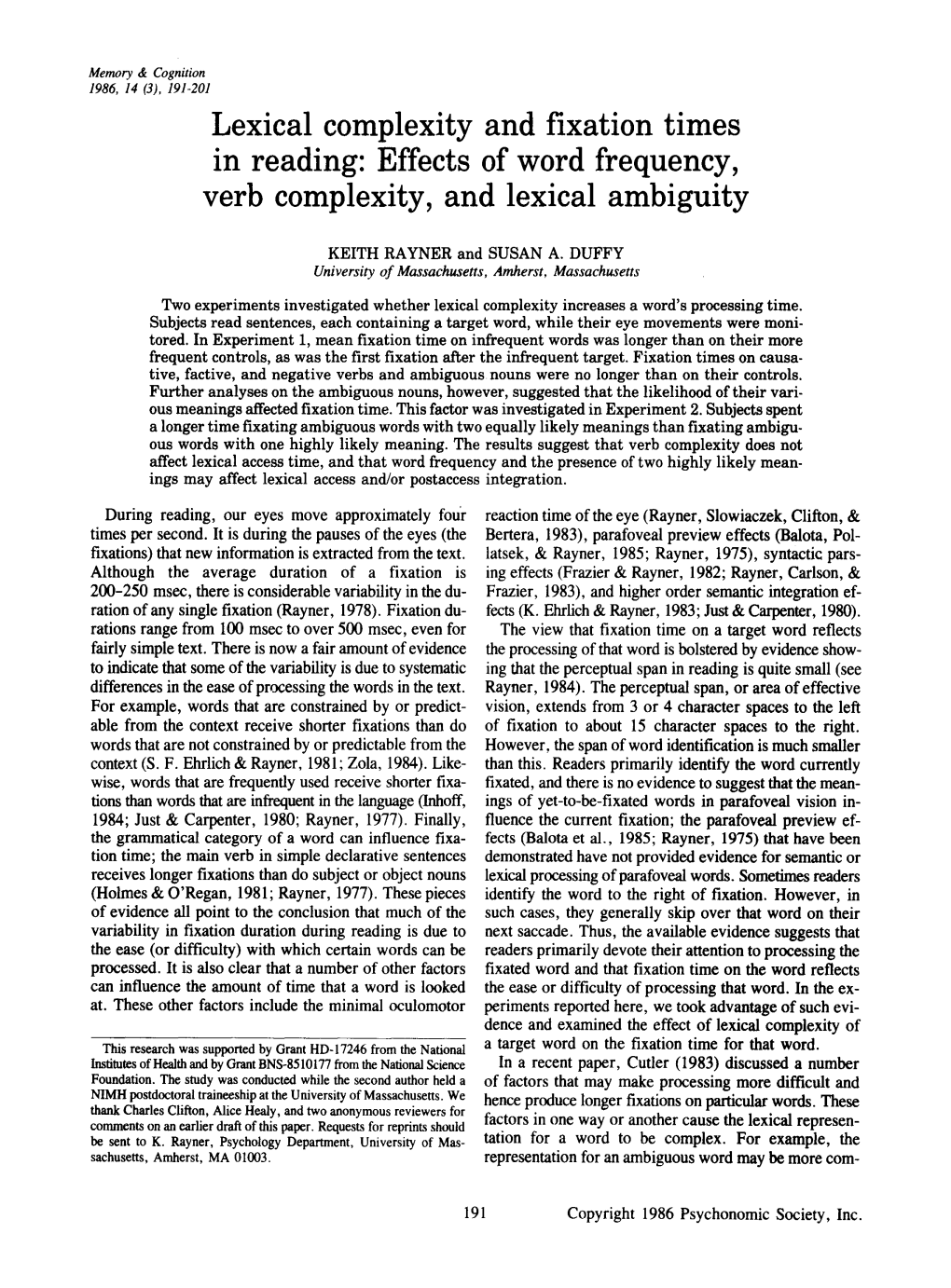 Effects of Word Frequency, Verb Complexity, and Lexical Ambiguity