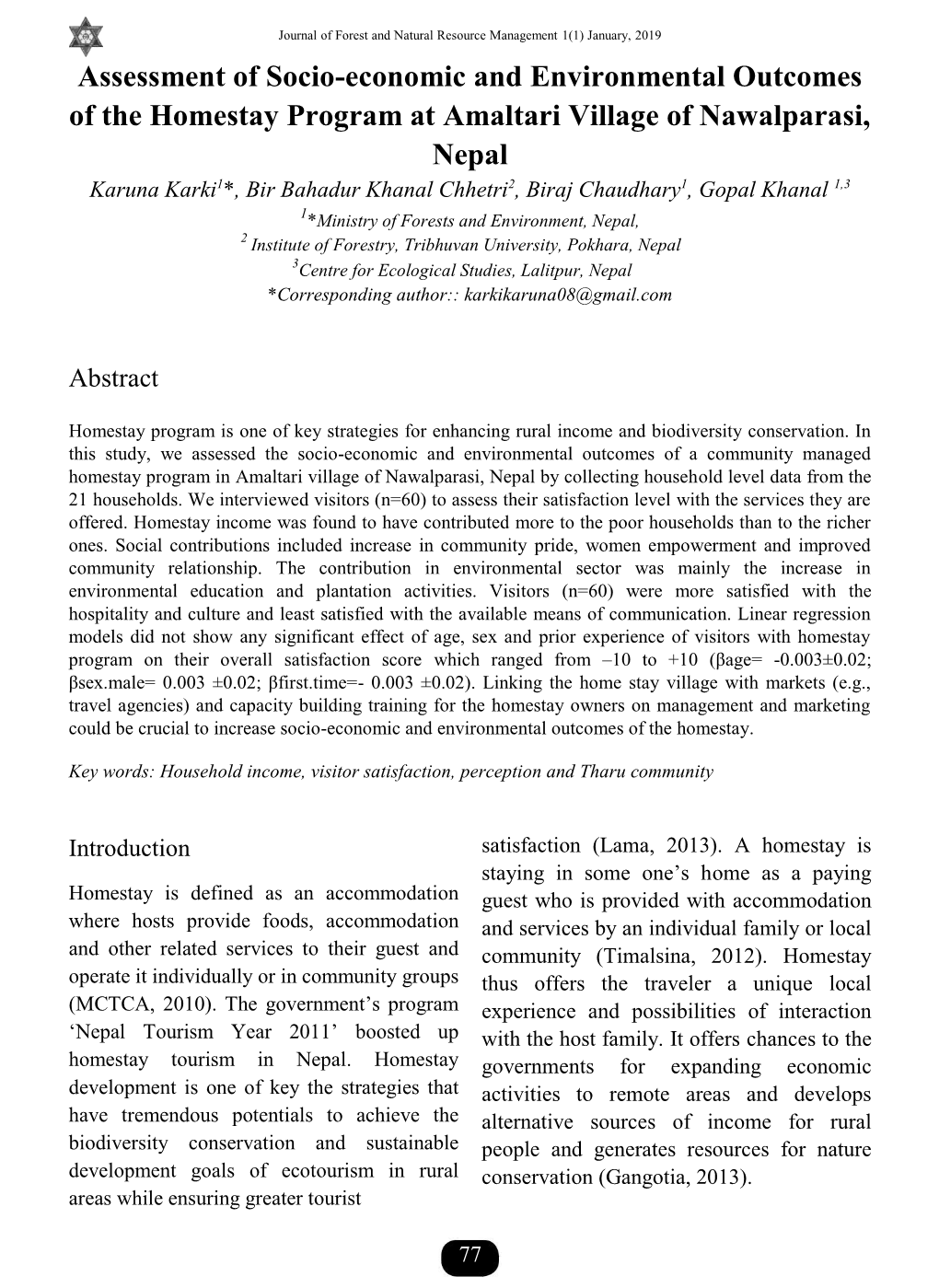 Assessment of Socio-Economic and Environmental Outcomes of the Homestay Program at Amaltari Village of Nawalparasi