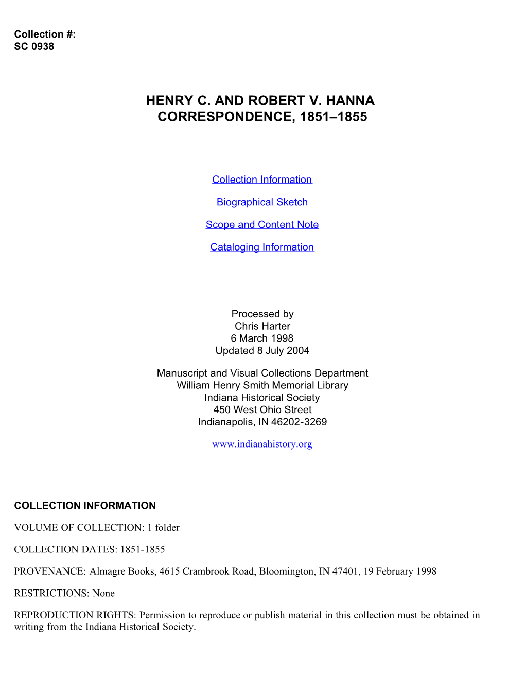 Henry C. and Robert V. Hanna Correspondence, 1851-1855