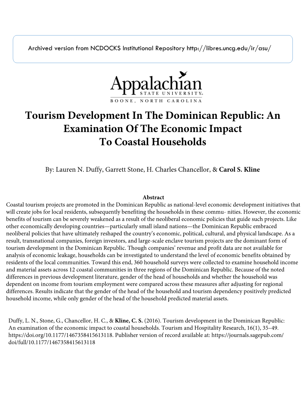 Tourism Development in the Dominican Republic: an Examination of the Economic Impact to Coastal Households