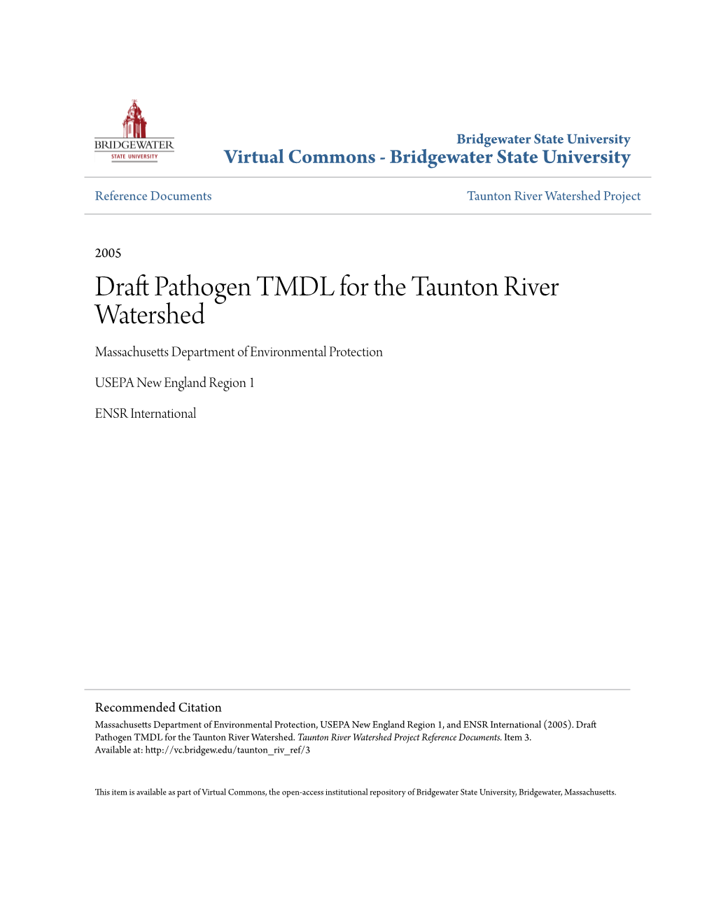 Draft Pathogen TMDL for the Taunton River Watershed