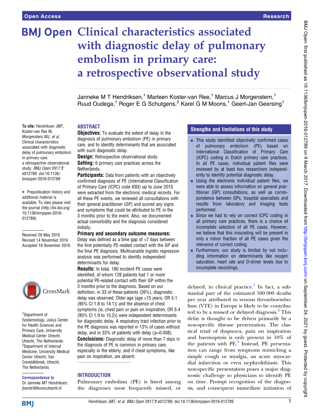 Clinical Characteristics Associated with Diagnostic Delay of Pulmonary Embolism in Primary Care: a Retrospective Observational Study