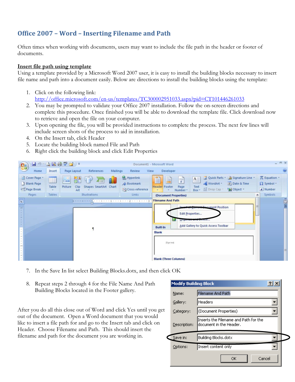 Office 2007 – Word – Inserting Filename and Path