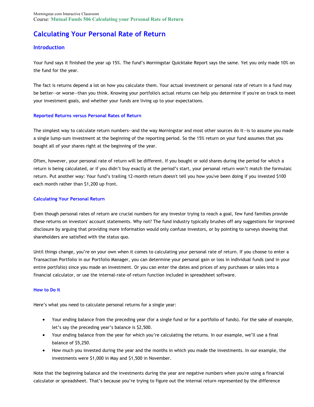 Calculating Your Personal Rate of Return