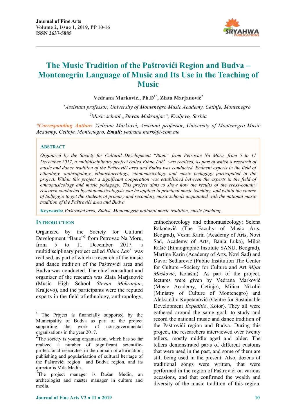 The Music Tradition of the Paštrovići Region and Budva – Montenegrin Language of Music and Its Use in the Teaching of Music