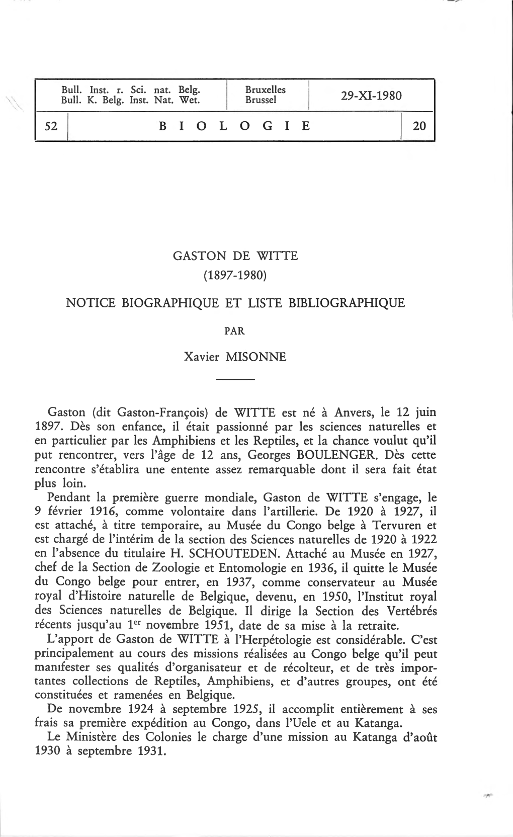 52 1 Biologie Gaston De Witte (1897-1980) 29-Xi-1980 Notice