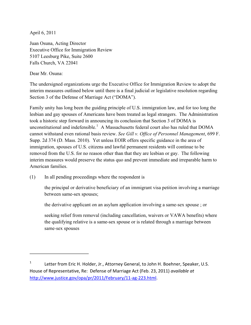 The Undersigned Organizations Urge the Executive Office for Immigration