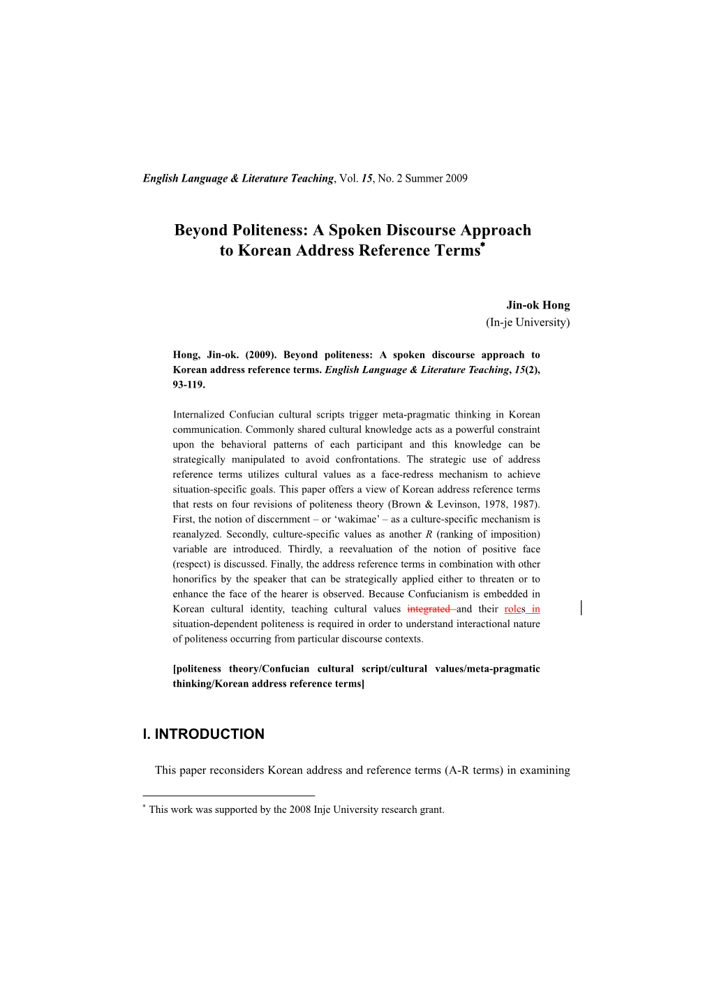 A Spoken Discourse Approach to Korean Address Reference Terms∗