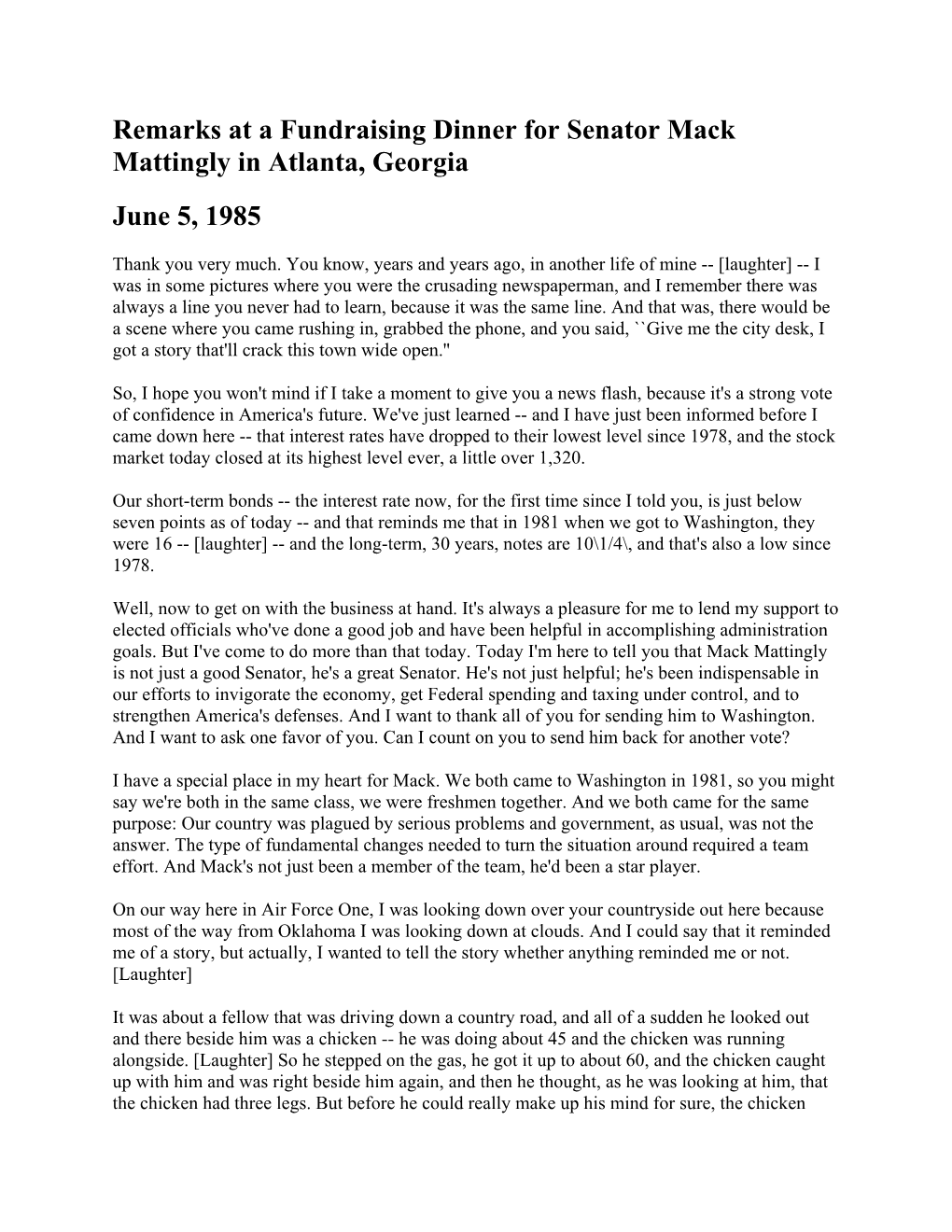 Remarks at a Fundraising Dinner for Senator Mack Mattingly in Atlanta, Georgia June 5, 1985