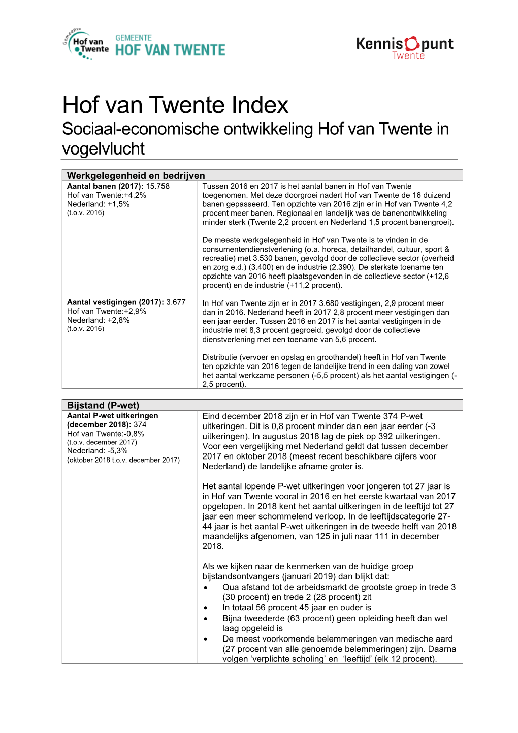 Hof Van Twente Index Sociaal-Economische Ontwikkeling Hof Van Twente in Vogelvlucht