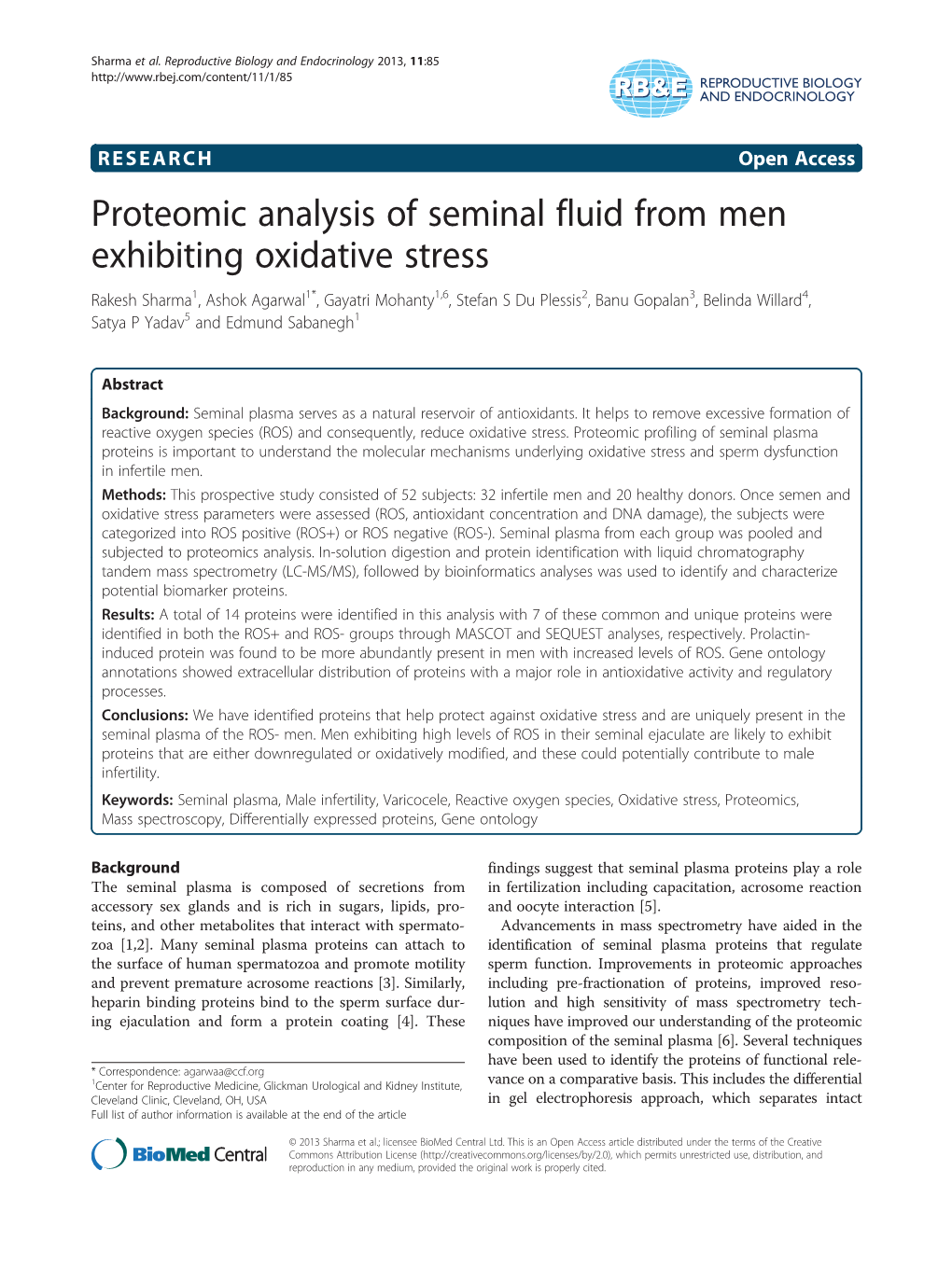 Proteomic Analysis of Seminal Fluid from Men Exhibiting Oxidative Stress