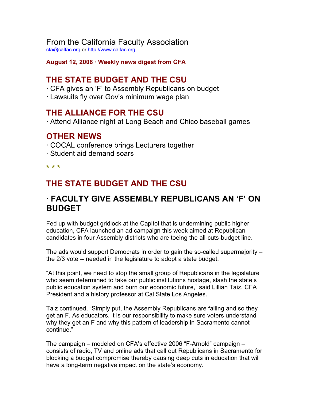 From the California Faculty Association the STATE BUDGET