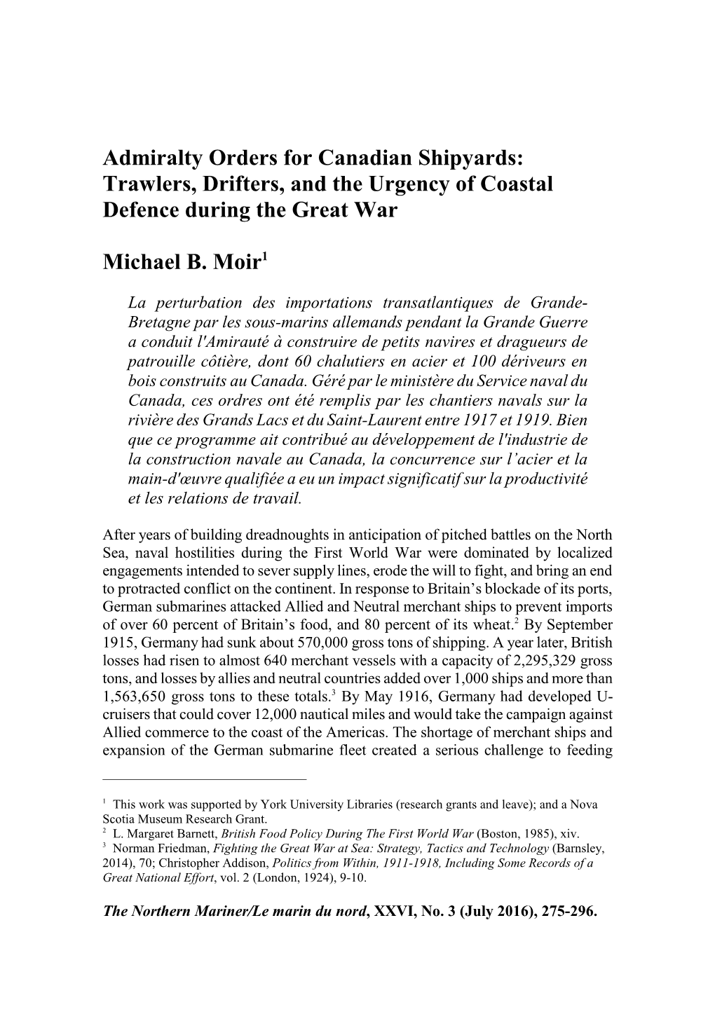 Admiralty Orders for Canadian Shipyards: Trawlers, Drifters, and the Urgency of Coastal Defence During the Great War