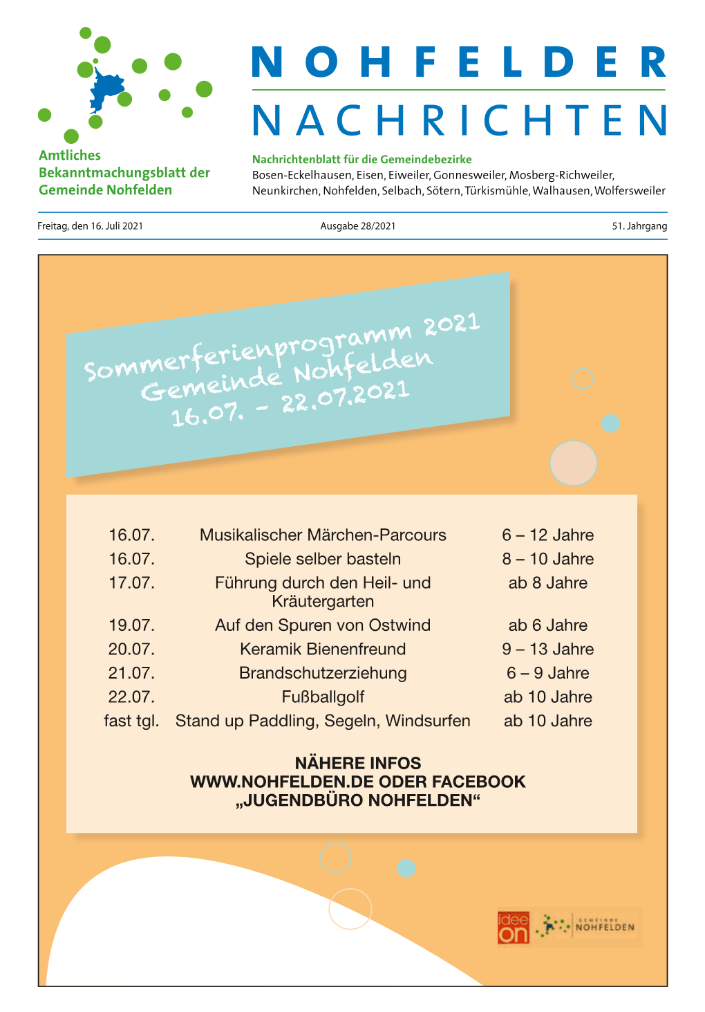 Sommerferienprogramm 2021 Gemeinde Nohfelden 16.07. – 22.07.2021