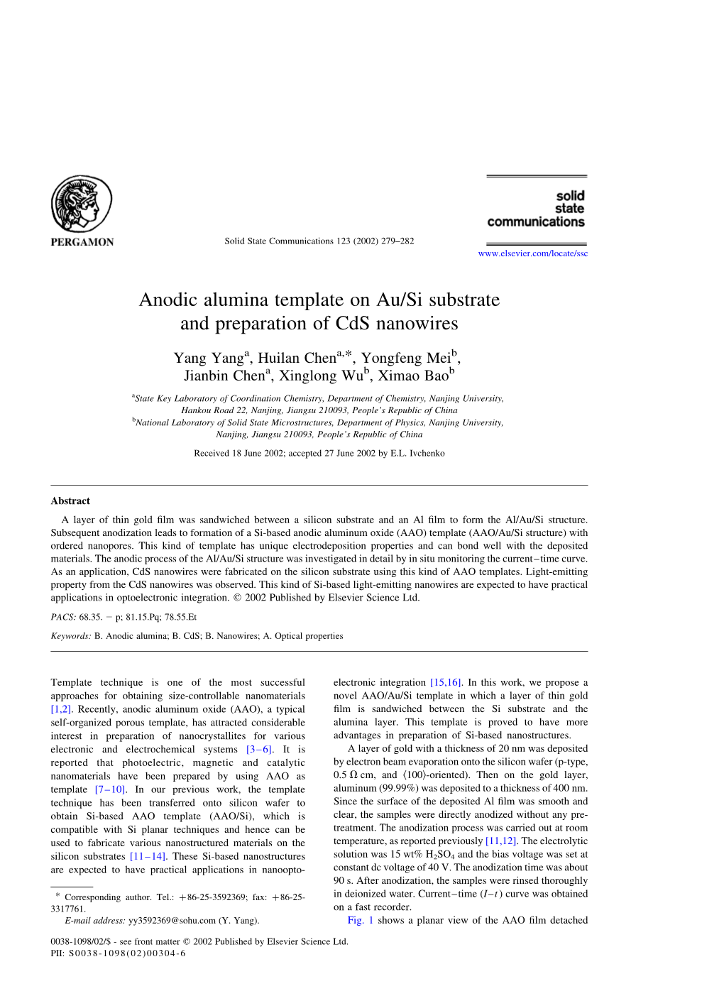 Anodic Alumina Template on Au/Si Substrate and Preparation of Cds Nanowires