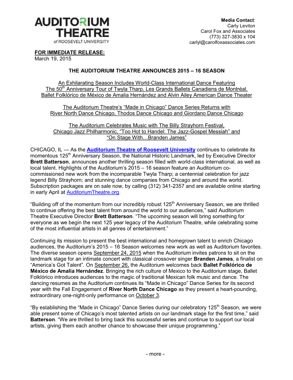 Auditorium Theatre 2015 – 16 Season Announcement Press Release