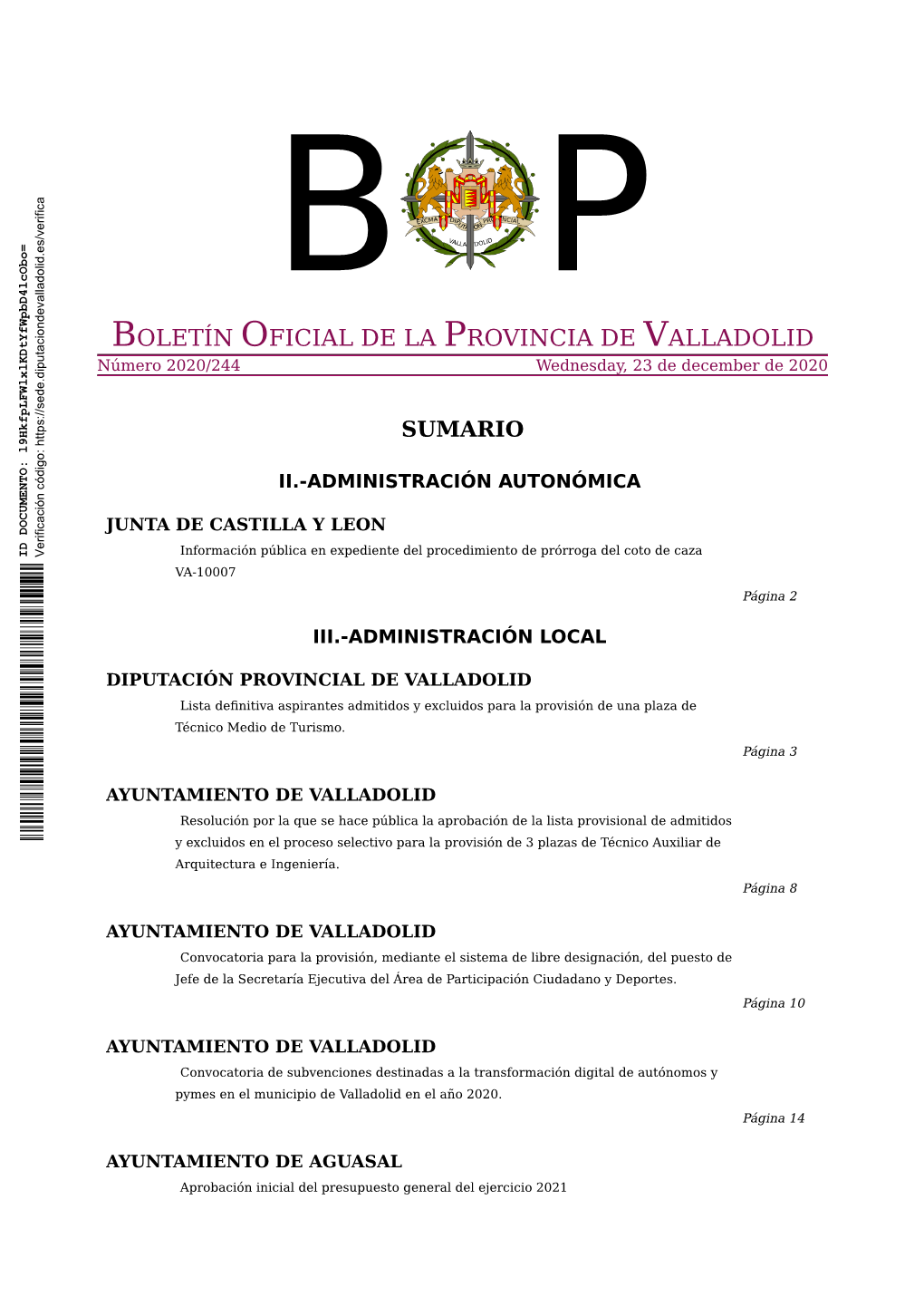 BOLETÍN OFICIAL DE LA PROVINCIA DE VALLADOLID Número 2020/244 Wednesday, 23 De December De 2020