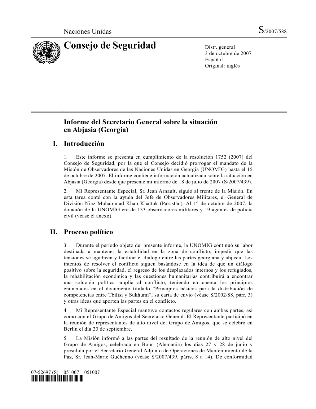 Informe Del Secretario General Sobre La Situación En Abjasia (Georgia). S