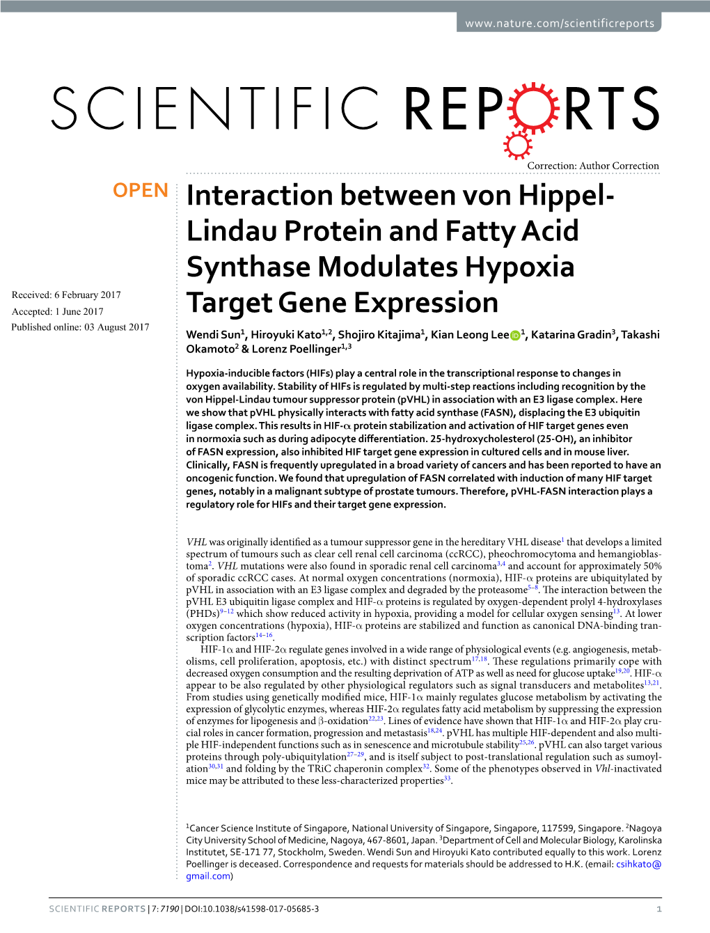 Interaction Between Von Hippel-Lindau Protein and Fatty