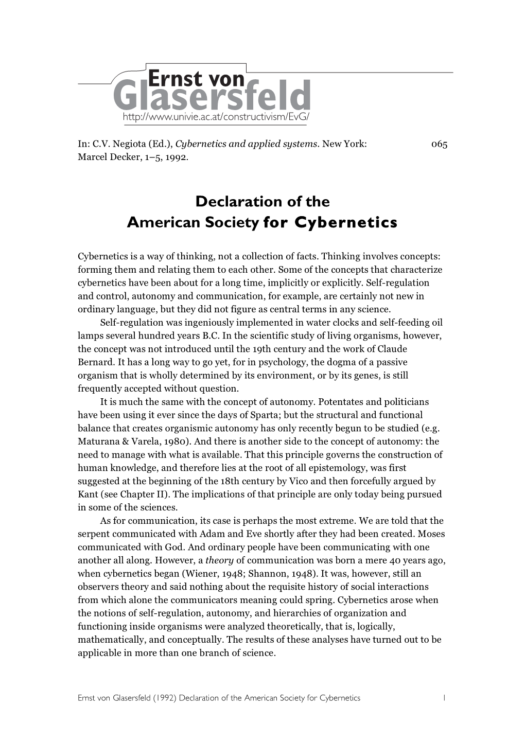 Declaration of the American Society for Cybernetics