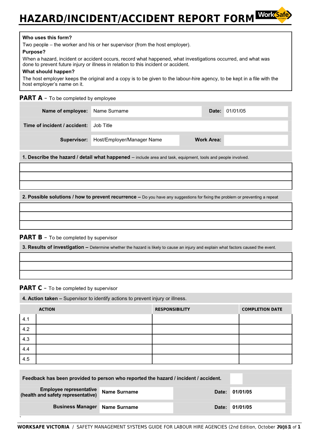 Hazard Incident Accident Report Form