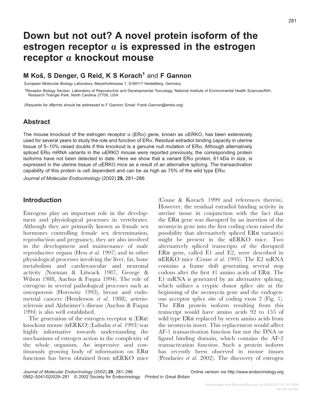 Down but Not Out? a Novel Protein Isoform of the Estrogen Receptor Α Is Expressed in the Estrogen Receptor Α Knockout Mouse